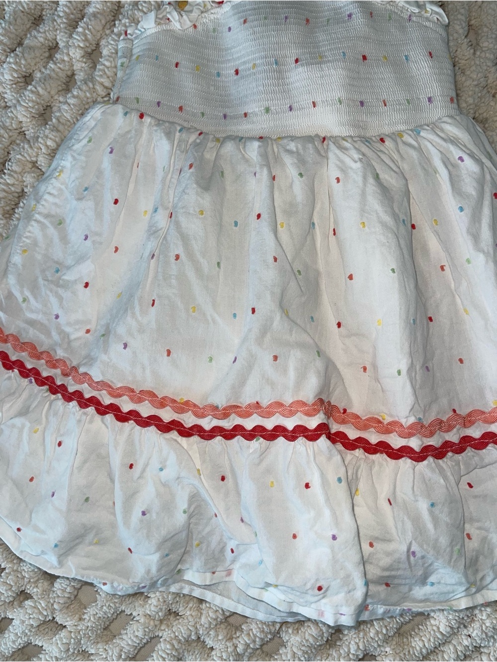 Cynthia Rowley White Sundress with Coral Ric Rac and Multicolor Dots